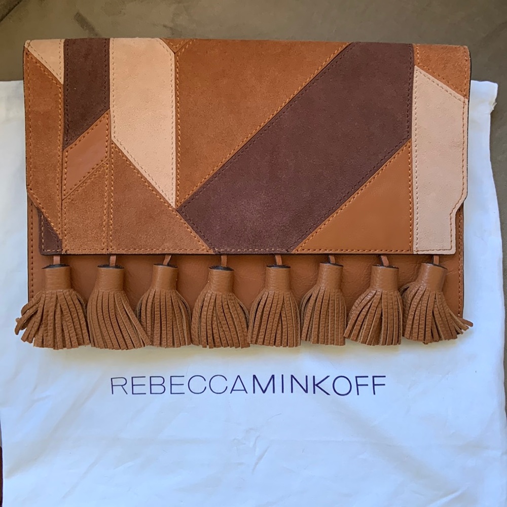 NWOT Rebecca Minkoff Sofia patchwork tassel leather and suede clutch